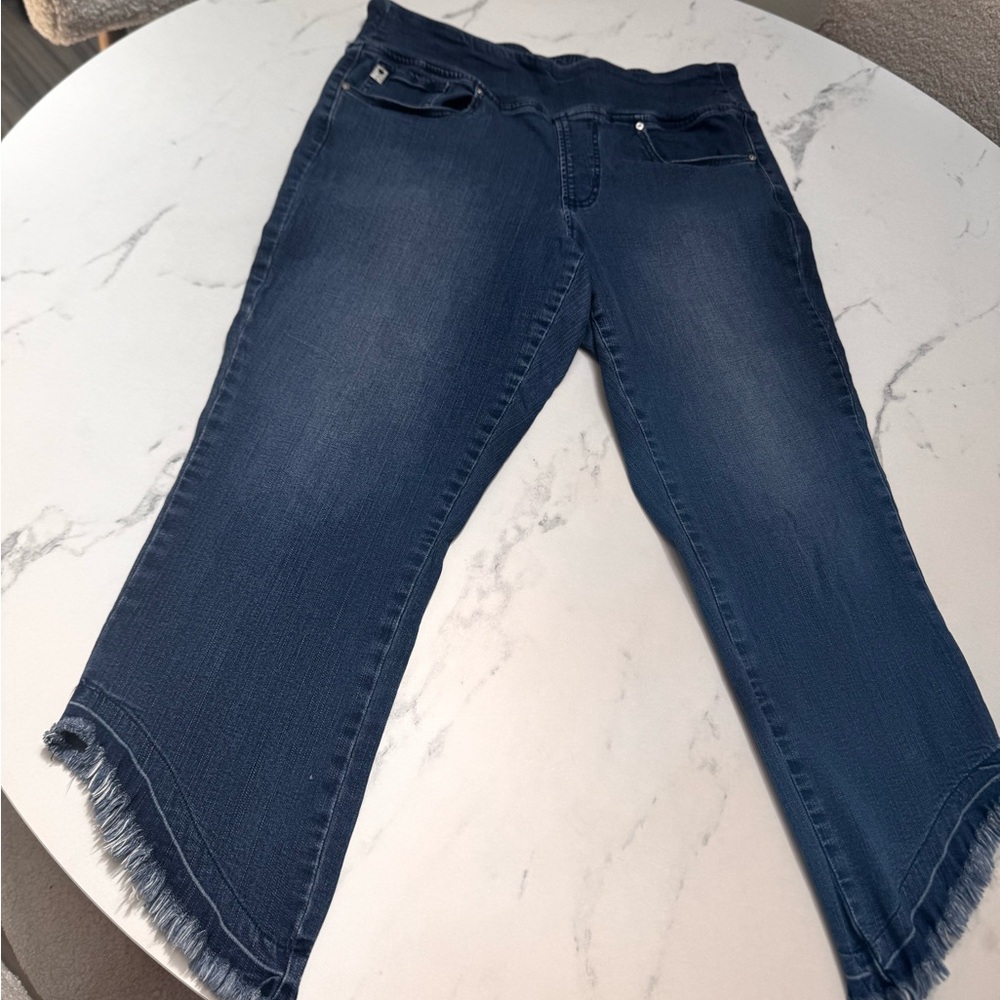 Asymmetrical cropped flair jeans, size 12